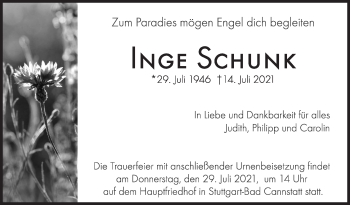 Traueranzeige von Inge Schunk von Stuttgarter Zeitung / Stuttgarter Nachrichten