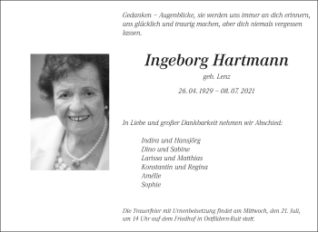 Traueranzeige von Ingeborg Hartmann von Stuttgarter Zeitung / Stuttgarter Nachrichten