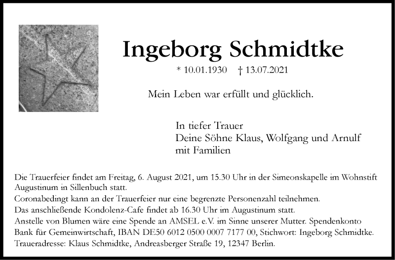  Traueranzeige für Ingeborg Schmidtke vom 24.07.2021 aus Stuttgarter Zeitung / Stuttgarter Nachrichten
