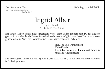 Traueranzeige von Ingrid Alber von Stuttgarter Zeitung / Stuttgarter Nachrichten