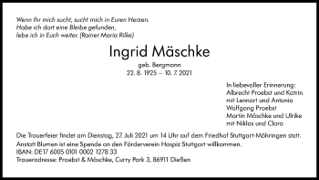 Traueranzeige von Ingrid Mäschke von Stuttgarter Zeitung / Stuttgarter Nachrichten
