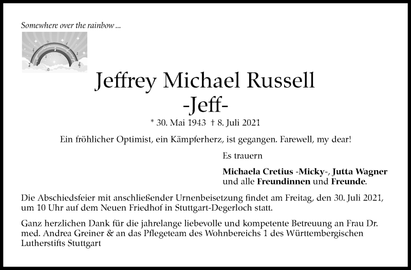  Traueranzeige für Jeffrey Michael Russell vom 15.07.2021 aus Stuttgarter Zeitung / Stuttgarter Nachrichten