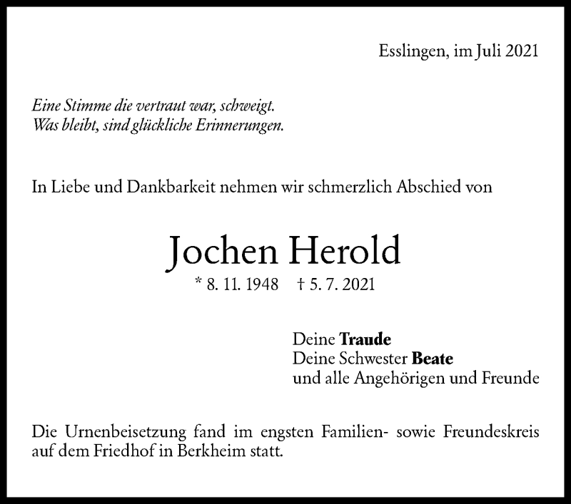  Traueranzeige für Jochen Herold vom 21.07.2021 aus Stuttgarter Zeitung / Stuttgarter Nachrichten