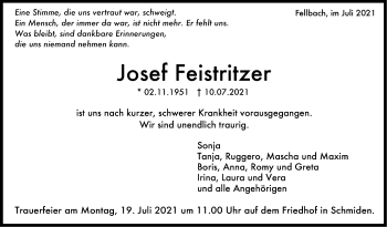 Traueranzeige von Josef Feistritzer von Stuttgarter Zeitung / Stuttgarter Nachrichten