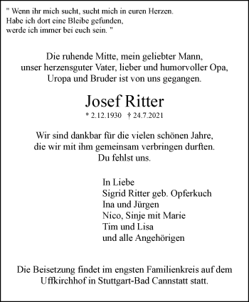 Traueranzeige von Josef Ritter von Stuttgarter Zeitung / Stuttgarter Nachrichten
