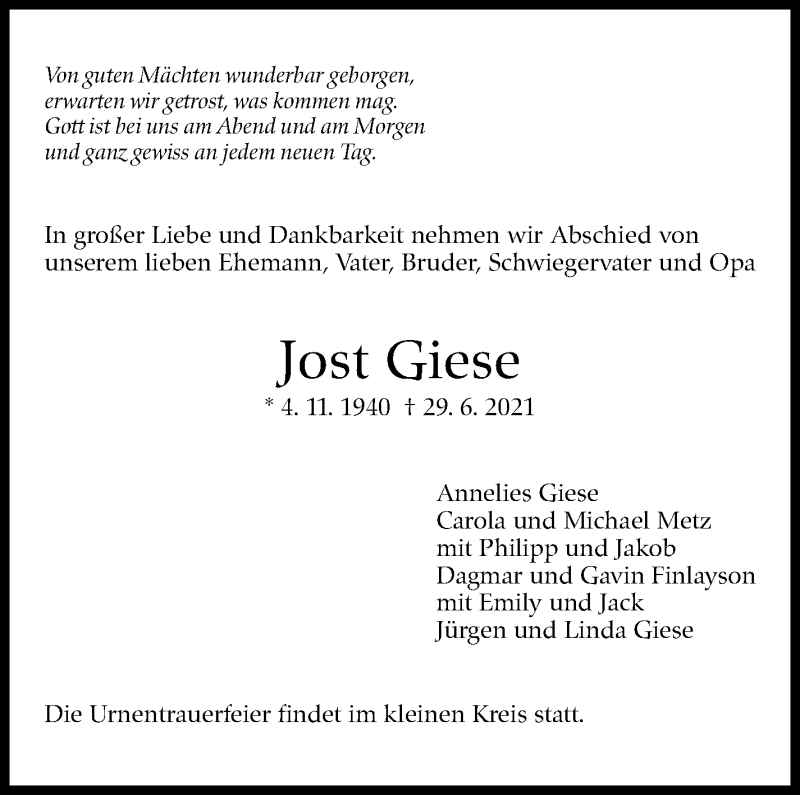  Traueranzeige für Jost Giese vom 03.07.2021 aus Stuttgarter Zeitung / Stuttgarter Nachrichten