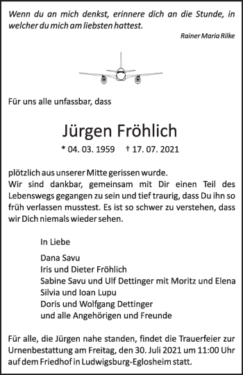 Traueranzeige von Jürgen Fröhlich von Stuttgarter Zeitung / Stuttgarter Nachrichten
