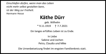 Traueranzeige von Käthe Dürr von Stuttgarter Zeitung / Stuttgarter Nachrichten