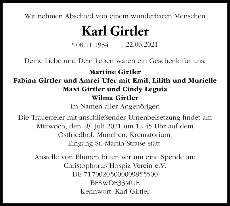  Traueranzeige für Karl Girtler vom 14.07.2021 aus Stuttgarter Zeitung / Stuttgarter Nachrichten