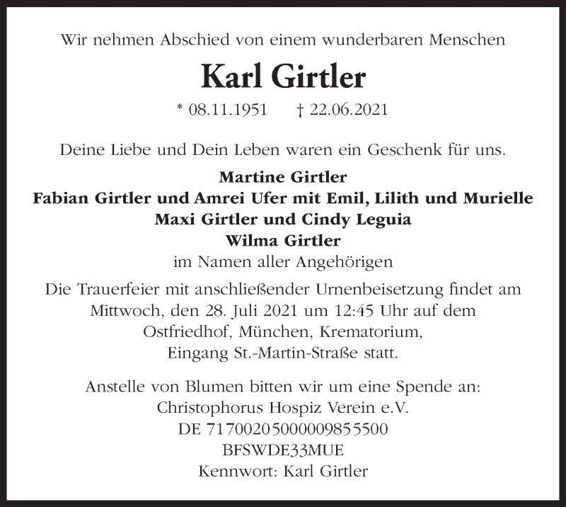  Traueranzeige für Karl Girtler vom 07.07.2021 aus Stuttgarter Zeitung / Stuttgarter Nachrichten