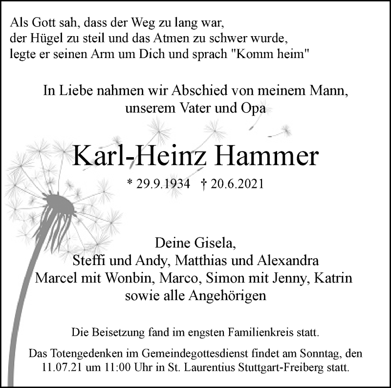  Traueranzeige für Karl-Heinz Hammer vom 06.07.2021 aus Stuttgarter Zeitung / Stuttgarter Nachrichten