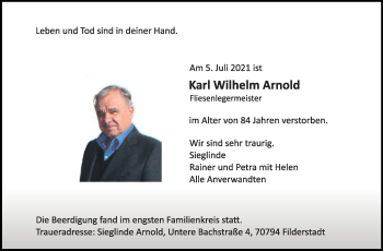 Traueranzeige von Karl Wilhelm Arnold von Stuttgarter Zeitung / Stuttgarter Nachrichten