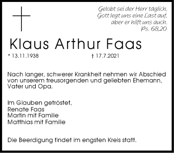 Traueranzeige von Klaus Arthur Faas von Stuttgarter Zeitung / Stuttgarter Nachrichten