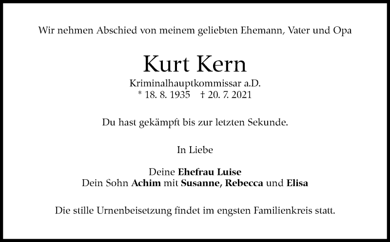  Traueranzeige für Kurt Kern vom 24.07.2021 aus Stuttgarter Zeitung / Stuttgarter Nachrichten
