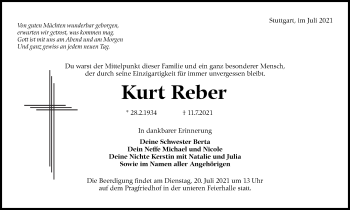 Traueranzeige von Kurt Reber von Stuttgarter Zeitung / Stuttgarter Nachrichten