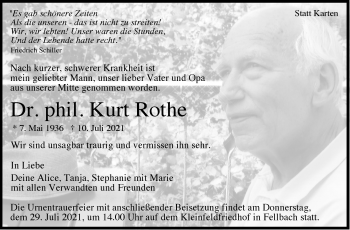 Traueranzeige von Kurt Rothe von Stuttgarter Zeitung / Stuttgarter Nachrichten