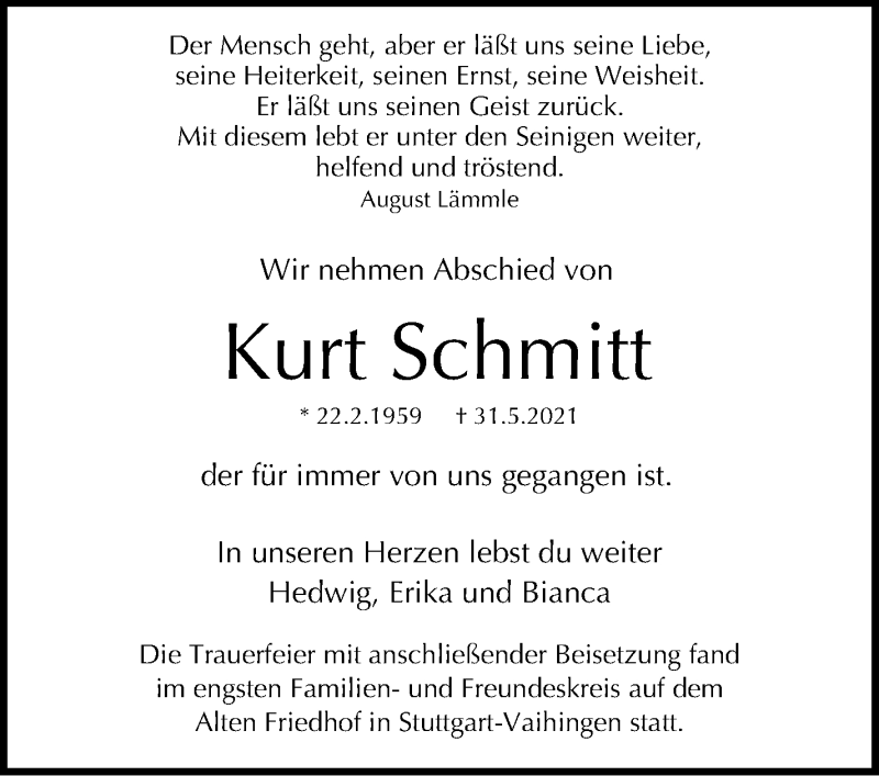  Traueranzeige für Kurt Schmitt vom 03.07.2021 aus Stuttgarter Zeitung / Stuttgarter Nachrichten