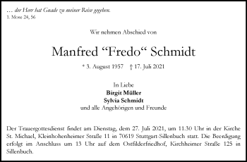 Traueranzeige von Manfred Schmidt von Stuttgarter Zeitung / Stuttgarter Nachrichten