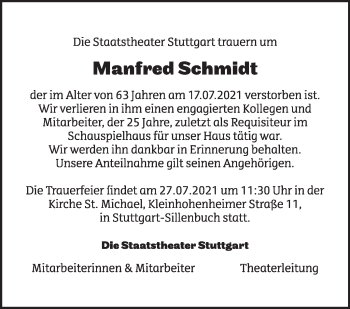 Traueranzeige von Manfred Schmidt von Stuttgarter Zeitung / Stuttgarter Nachrichten