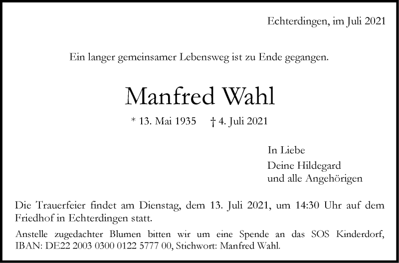  Traueranzeige für Manfred Wahl vom 08.07.2021 aus Stuttgarter Zeitung / Stuttgarter Nachrichten
