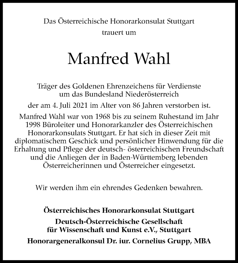  Traueranzeige für Manfred Wahl vom 10.07.2021 aus Stuttgarter Zeitung / Stuttgarter Nachrichten