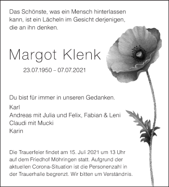 Traueranzeige von Margot Klenk von Stuttgarter Zeitung / Stuttgarter Nachrichten