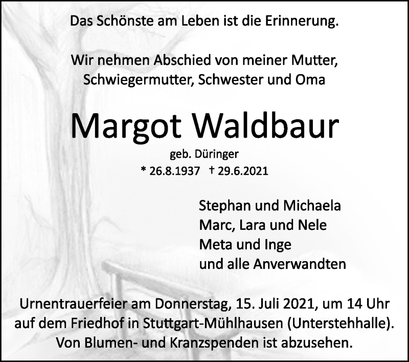  Traueranzeige für Margot Waldbaur vom 08.07.2021 aus Stuttgarter Zeitung / Stuttgarter Nachrichten