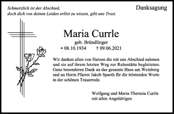 Traueranzeige von Maria Currle von Stuttgarter Zeitung / Stuttgarter Nachrichten