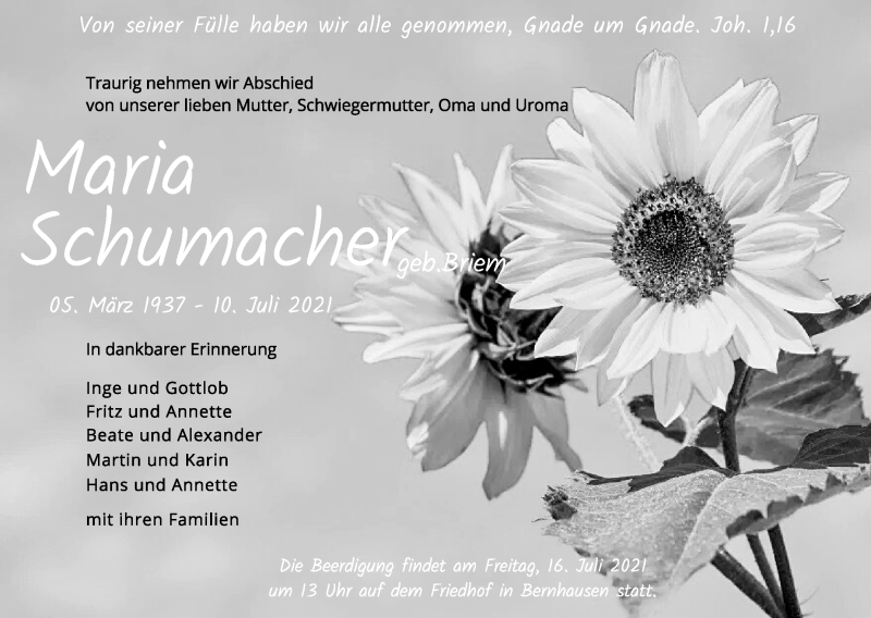  Traueranzeige für Maria Schumacher vom 13.07.2021 aus Stuttgarter Zeitung / Stuttgarter Nachrichten