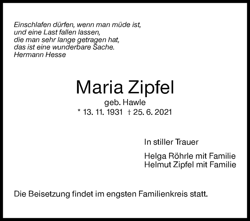  Traueranzeige für Maria Zipfel vom 03.07.2021 aus Stuttgarter Zeitung / Stuttgarter Nachrichten