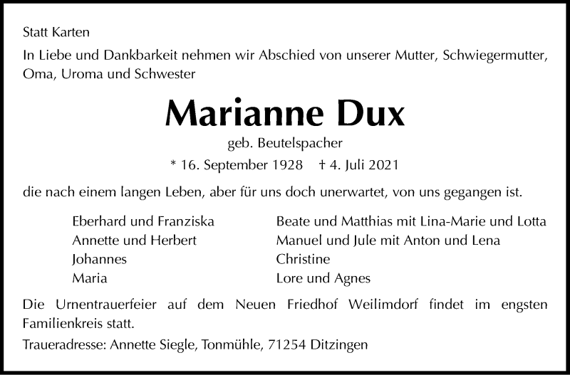  Traueranzeige für Marianne Dux vom 10.07.2021 aus Stuttgarter Zeitung / Stuttgarter Nachrichten