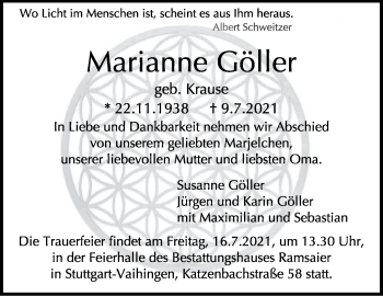 Traueranzeige von Marianne Göller von Stuttgarter Zeitung / Stuttgarter Nachrichten
