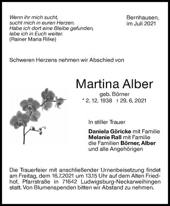 Traueranzeige von Martina Alber von Stuttgarter Zeitung / Stuttgarter Nachrichten
