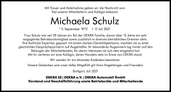 Traueranzeige von Michaela Schulz von Stuttgarter Zeitung / Stuttgarter Nachrichten