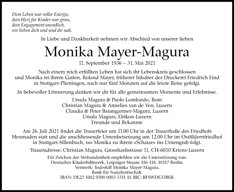  Traueranzeige für Monika Mayer-Magura vom 21.07.2021 aus Stuttgarter Zeitung / Stuttgarter Nachrichten