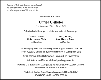 Traueranzeige von Otfried Ulshöfer von Stuttgarter Zeitung / Stuttgarter Nachrichten