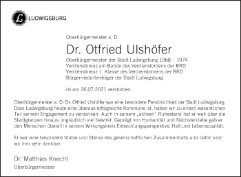 Traueranzeige von Otfried Ulshöfer von Stuttgarter Zeitung / Stuttgarter Nachrichten