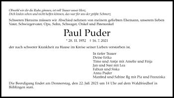 Traueranzeige von Paul Puder von Stuttgarter Zeitung / Stuttgarter Nachrichten