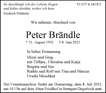 Traueranzeige von Peter Brändle von Stuttgarter Zeitung / Stuttgarter Nachrichten