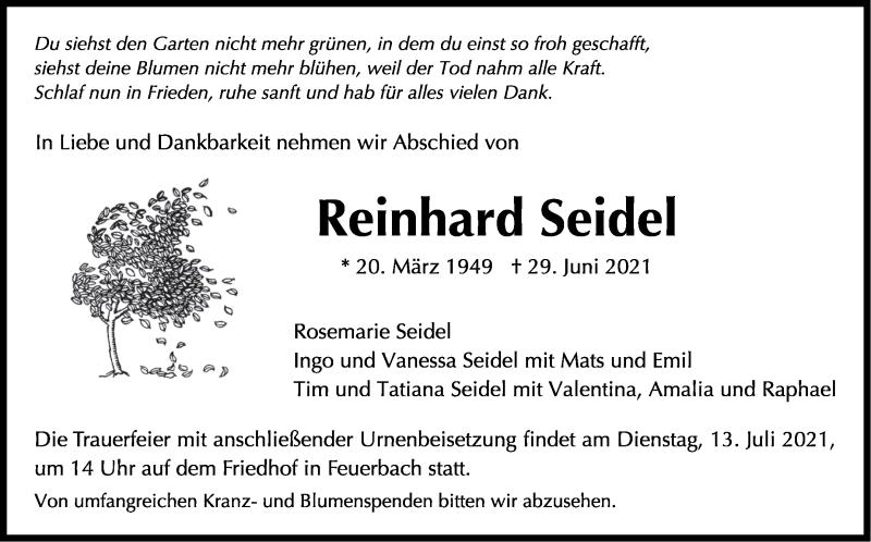  Traueranzeige für Reinhard Seidel vom 03.07.2021 aus Stuttgarter Zeitung / Stuttgarter Nachrichten
