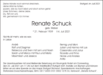 Traueranzeige von Renate Schuck von Stuttgarter Zeitung / Stuttgarter Nachrichten