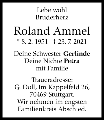 Traueranzeige von Roland Ammel von Stuttgarter Zeitung / Stuttgarter Nachrichten
