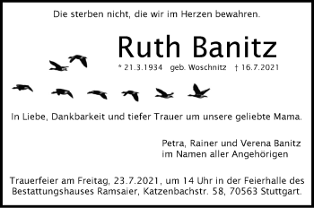 Traueranzeige von Ruth Banitz von Stuttgarter Zeitung / Stuttgarter Nachrichten