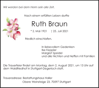 Traueranzeige von Ruth Braun von Stuttgarter Zeitung / Stuttgarter Nachrichten