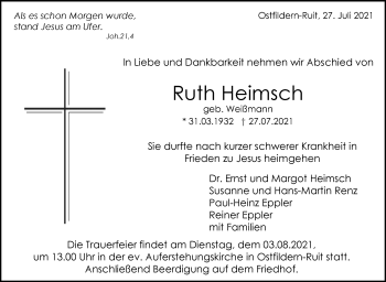 Traueranzeige von Ruth Heimsch von Stuttgarter Zeitung / Stuttgarter Nachrichten