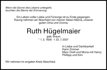 Traueranzeige von Ruth Hügelmaier von Stuttgarter Zeitung / Stuttgarter Nachrichten