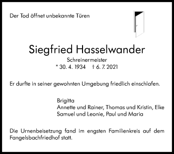 Traueranzeige von Siegfried Hasselwander von Stuttgarter Zeitung / Stuttgarter Nachrichten