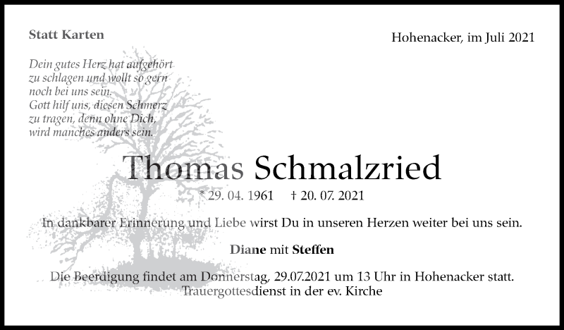  Traueranzeige für Thomas Schmalzried vom 26.07.2021 aus Stuttgarter Zeitung / Stuttgarter Nachrichten