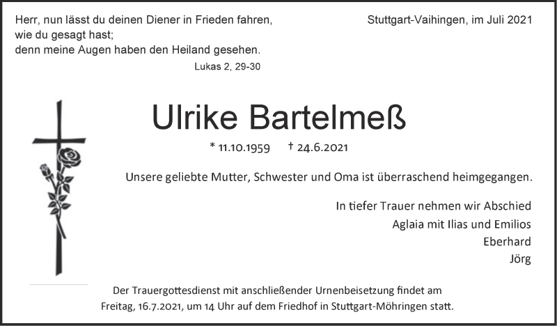  Traueranzeige für Ulrike Bartelmeß vom 10.07.2021 aus Stuttgarter Zeitung / Stuttgarter Nachrichten