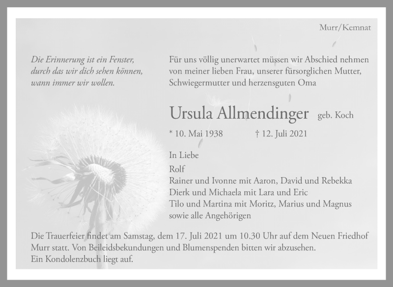  Traueranzeige für Ursula Allmendinger vom 15.07.2021 aus Stuttgarter Zeitung / Stuttgarter Nachrichten